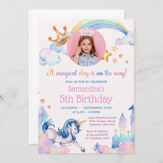 Elegante einhornige Regenbogendiamanten krönen Geb Einladung (Vorne/Hinten)