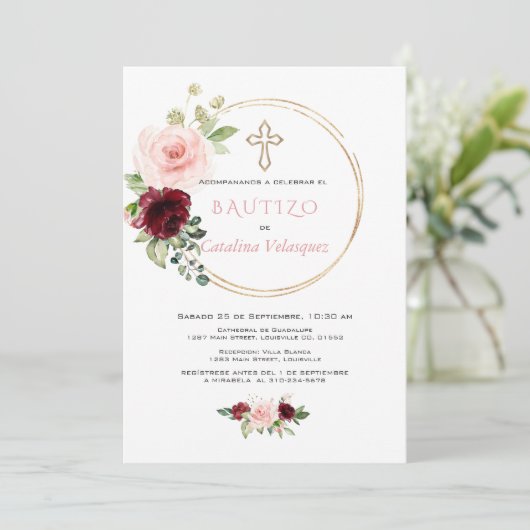 Elegante Einladung De Bautizo Con Flores Spanisch (Stehend Vorderseite)