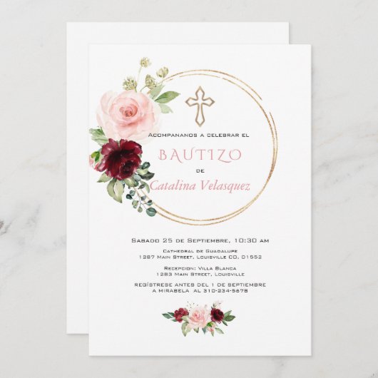 Elegante Einladung De Bautizo Con Flores Spanisch (Vorne/Hinten)