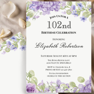 Elegante Einladung zum 102. Geburtstag mit lila Bl