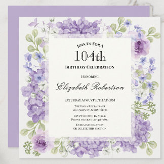 Elegante Einladung zum 104. Geburtstag mit lila Bl
