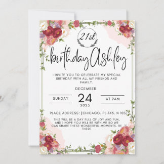 Elegante Einladung zum 21. Geburtstag mit Blume