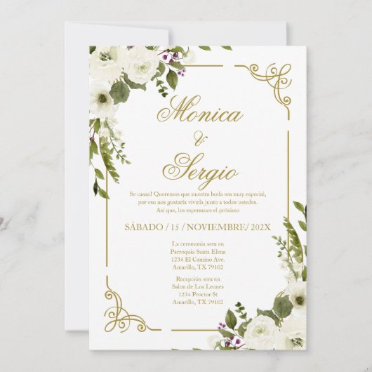 Elegante Einladung zur Hochzeit auf Spanisch (Vorderseite)