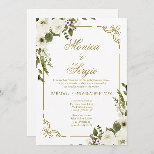 Elegante Einladung zur Hochzeit auf Spanisch (Vorne/Hinten)