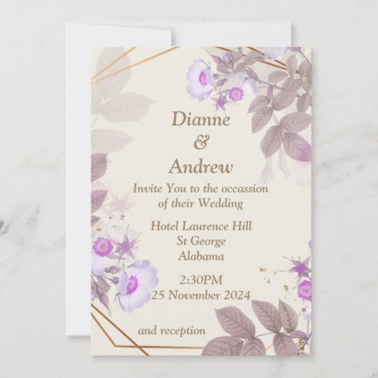 Elegante Einladung zur Hochzeit, beige, lila (Vorderseite)
