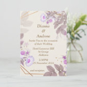 Elegante Einladung zur Hochzeit, beige, lila (Stehend Vorderseite)