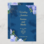 Elegante Einladung zur Hochzeit, blau, blau (Vorne/Hinten)