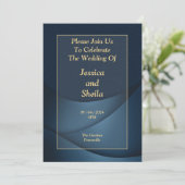 Elegante Einladung zur Hochzeit, blau, gold, marmo (Stehend Vorderseite)