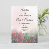 Elegante Einladung zur Hochzeit, grüne, rosa Blätt (Stehend Vorderseite)