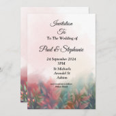 Elegante Einladung zur Hochzeit, grüne, rosa Blätt (Vorne/Hinten)