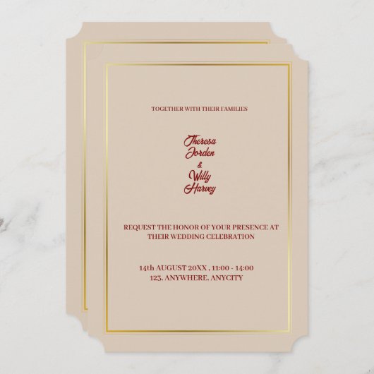 Elegante Einladung zur Hochzeit in Beige & Burgund (Vorne/Hinten)