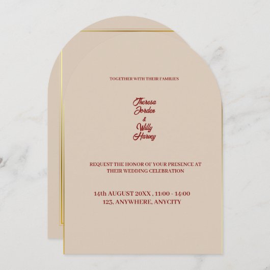 Elegante Einladung zur Hochzeit in Beige & Burgund (Vorne/Hinten)