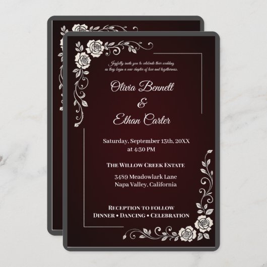 Elegante Einladung zur Hochzeit in Burgund (Vorne/Hinten)