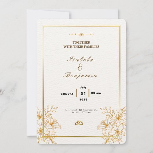 Elegante Einladung zur Hochzeit in Gold und Weiß (Vorderseite)