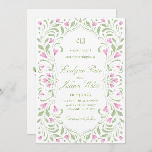 Elegante Einladung zur Hochzeit in Rosa und Grüne (Vorne/Hinten)