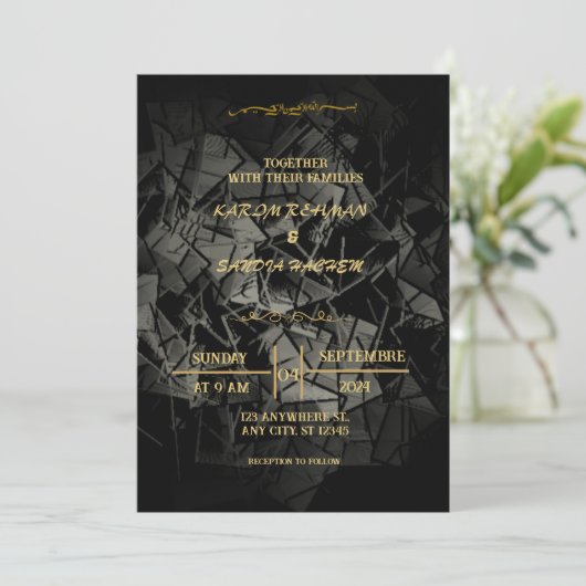 Elegante Einladung zur Hochzeit in Schwarz und Gol (Stehend Vorderseite)