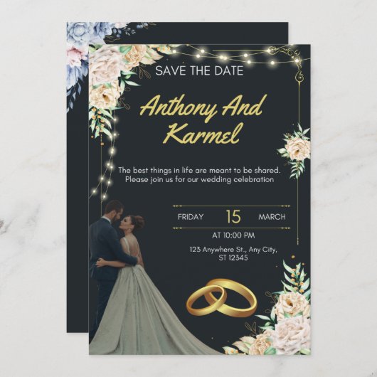 Elegante Einladung zur Hochzeit in Schwarz und Gol (Vorne/Hinten)