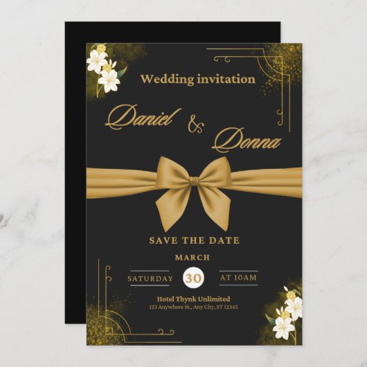 Elegante Einladung zur Hochzeit in Schwarz und Gol (Vorne/Hinten)