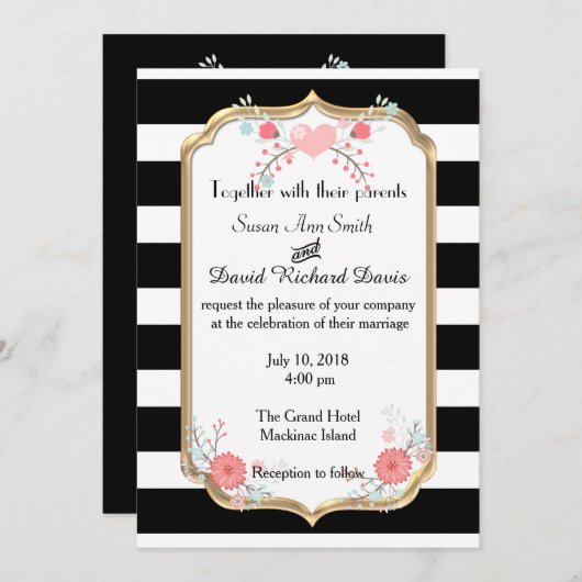 Elegante Einladung zur Hochzeit in Schwarz und Wei (Vorne/Hinten)