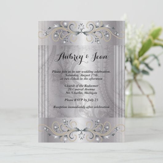 Elegante Einladung zur Hochzeit in Silber und Schw (Stehend Vorderseite)