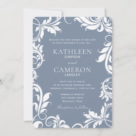 Elegante Einladung zur Hochzeit | Reben (Dusty Blu (Vorderseite)