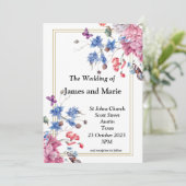 Elegante Einladung zur Hochzeit, rosa, blaue Blume (Stehend Vorderseite)