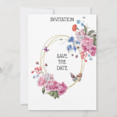 Elegante Einladung zur Hochzeit, rosa, blaue Blume (Rückseite)