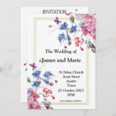 Elegante Einladung zur Hochzeit, rosa, blaue Blume (Vorne/Hinten)