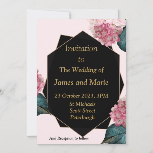 Elegante Einladung zur Hochzeit, rosa Blume, schwa (Vorderseite)