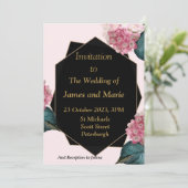 Elegante Einladung zur Hochzeit, rosa Blume, schwa (Stehend Vorderseite)