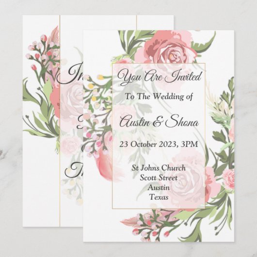 Elegante Einladung zur Hochzeit, rosa, blumenreich (Vorne/Hinten)