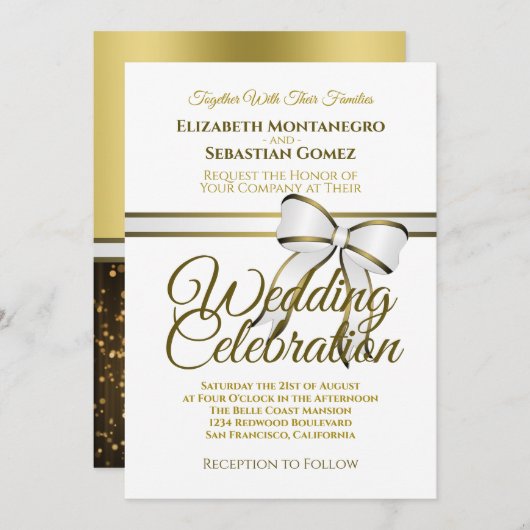 Elegante Einladung zur Hochzeit von White & Gold R (Vorne/Hinten)