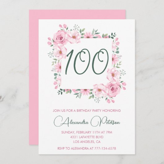 Elegante Einladungen zum 100. Geburtstag Floral Pi (Vorne/Hinten)