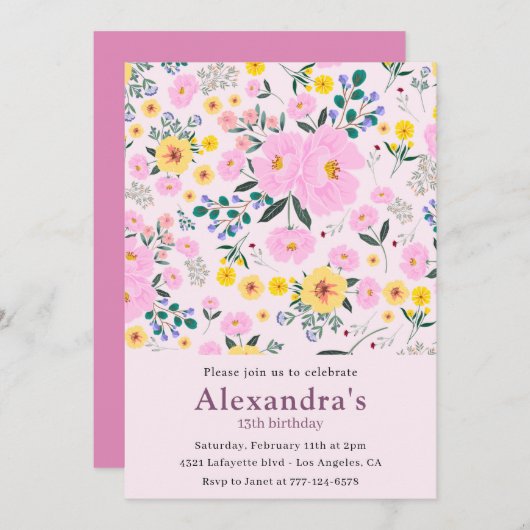 Elegante Einladungen zum 13. Geburtstag Pink Flora (Vorne/Hinten)