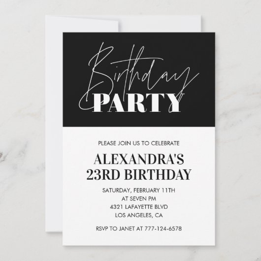 Elegante Einladungen zum 23. Geburtstag Schwarz-we (Vorderseite)
