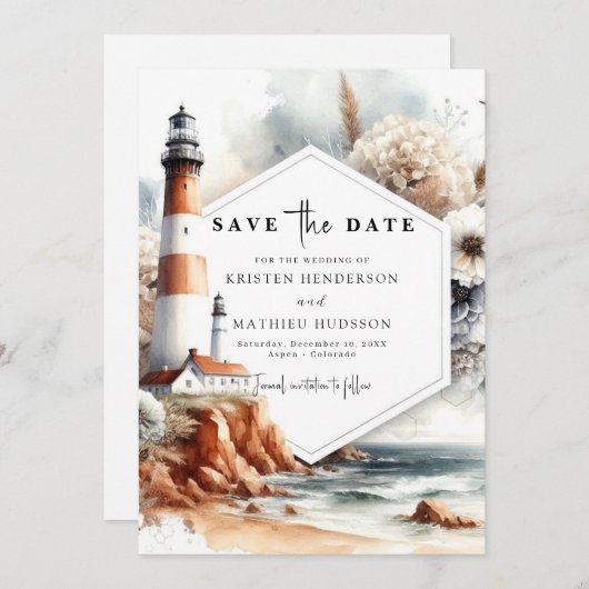 Elegante einzigartige Waves Lighthouse Hochzeit Save The Date (Vorne/Hinten)