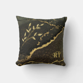 Elegante, elegante Schwarz-Gold-Marmorinitials Kissen