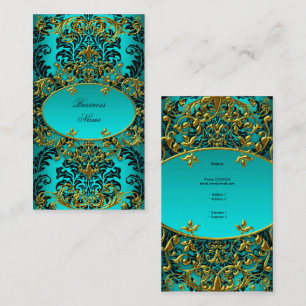 Elegante, elegante Teal Blau Gold Damast Blumenmus Visitenkarte
