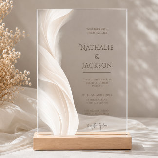 Elegante Elfenbein-Beige-Feder-Hochzeitsfoto Acryleinladungen