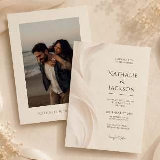 Elegante Elfenbein-Beige-Feder-Hochzeitsfoto Einladung