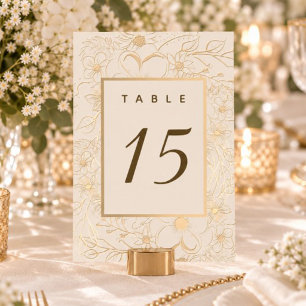Elegante Elfenbein-Gold-Blumenhochzeit Tischnummer