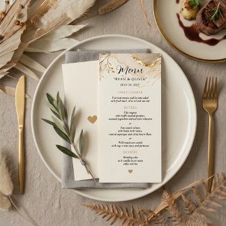 Elegante Elfenbein-Gold-Botanische Hochzeit Menükarte
