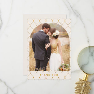 Elegante Elfenbein-Goldbogen-Foto-Hochzeit Dankeskarte