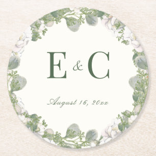 Elegante Elfenbein-Salbei-Grün-Blumen-Monogramm-Ho Runder Pappuntersetzer