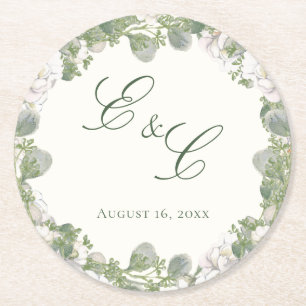 Elegante Elfenbein-Salbei-Grün-Blumen-Monogramm-Ho Runder Pappuntersetzer