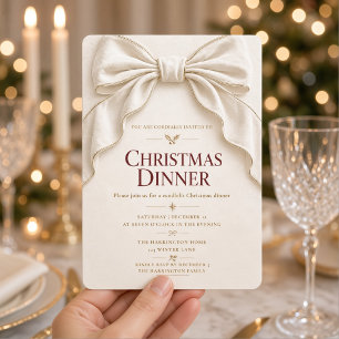 Elegante Elfenbein-Satin-Schleife Weihnachtsessen Einladung