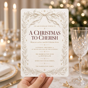 Elegante Elfenbein-Schleifen-Grün-Weihnachtsdinner Einladung
