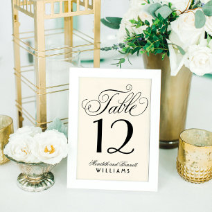 Elegante Elfenbein-Schwarze-Schrift-Monogramm-Hoch Tischnummer