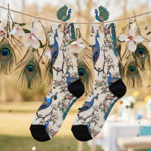 Elegante Elfenbein-Teal-Pfauen und Magnolienblüten Socken