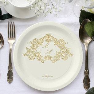 Elegante Elfenbein- und Gold-Vintage-Hochzeitsvorl Pappteller